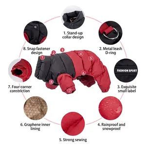 Combinaison d'hiver imperméable rouge et noire pour chien avec doublure en graphène