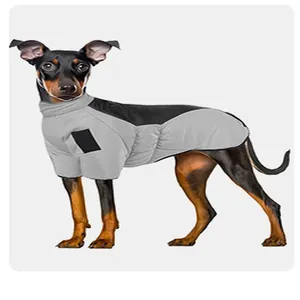 Vista de perfil de un chaleco cortavientos gris y negro para perros usado por una mascota