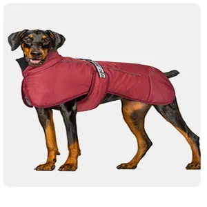 Detalle de un chaleco de invierno rojo resistente al viento y cálido para un Dóberman Pinscher