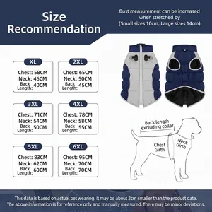 Tabella taglie completa per cappotto invernale riflettente per cani dalla XL alla 6XL