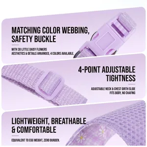 Purple daisy print dog harness with breathable mesh and adjustable safety buckle