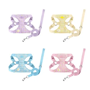 Floral daisy pattern dog harness and leash set in four pastel colors for small dogs