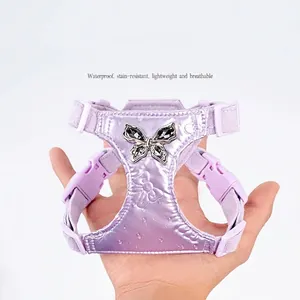 Exquisite purple waterproof pet harness with an elegant metal butterfly bow decoration