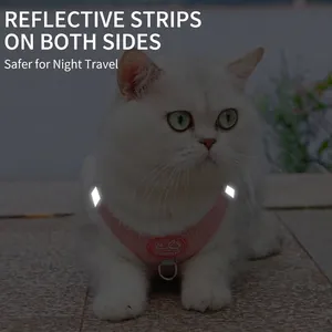Reflective pink corduroy cat harness vest for safe night walking and pet comfort