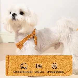 Soft mustard yellow suede dog harness vest set for small pets and outdoor walks.