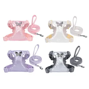 Elegant shiny pet harness and leash set with crystal butterfly buckle in 4 colors