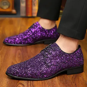 Men's purple glitter dress shoes with lace-up design for dancing and formal wear