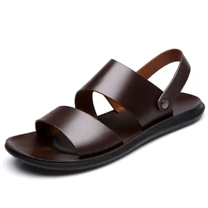 Men's dark brown leather casual sandals with black sole and metal rivet detail