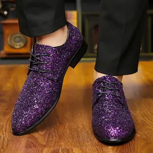 Close-up view of men's fashion purple glitter sequin lace-up dress shoes for dancing