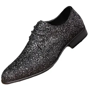Stylish black glitter lace-up dress shoes for men, sparkling formal dance footwear