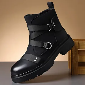 Heren Motorlaarzen PU Leer Dikke Zool Hoogteverhogend Enkellaarzen Modieuze Ridderschoenen Street Style Klinknagel Zwart Bruin