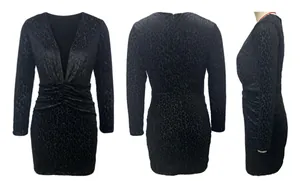 Detailed view of black leopard print mini dress with deep V-neck and ruched waist