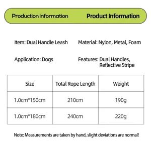 Gedetailleerde productspecificaties en maattabel voor reflecterende nylon hondenriem