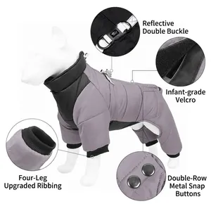 Reflective waterproof thick dog winter jumpsuit featuring ribbed cuffs and metal snaps.