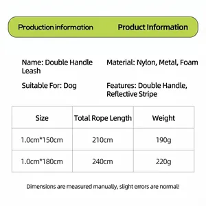 Reflective double handle dog leash product specifications and detailed size chart