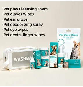 Kit complet de toilettage pour animaux avec lingettes et mousse dans un sac blanc