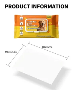 Detailed view of disposable pet wet wipes showing 180mm x 140mm size specifications.