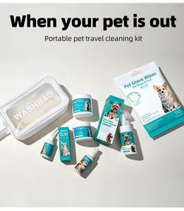 Kit de nettoyage de voyage complet pour animaux avec lingettes, mousse et gouttes.
