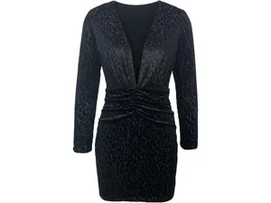 Detailed view of the deep V-neck and ruched waist on a black leopard print mini dress.