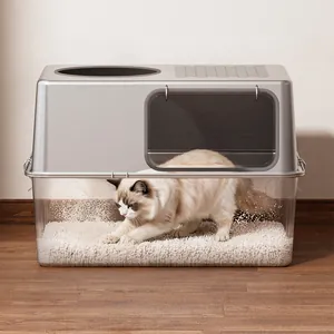 Grande litière pour chat fermée avec base transparente et un chat à l'intérieur