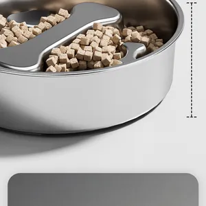 Vue détaillée de la gamelle anti-glouton en acier inoxydable avec insert en os