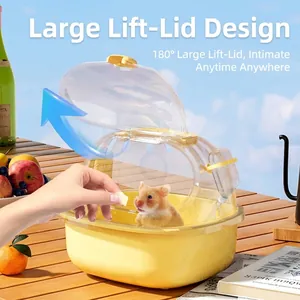 Portable yellow hamster cage with a 180-degree flip-top clear cover for small pet travel