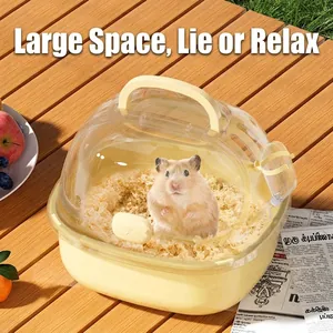 Portable yellow hamster travel carrier with transparent lid and external water bottle