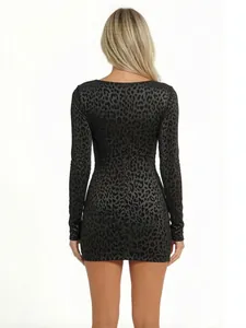 Back view of a sexy long sleeve leopard print bodycon mini dress for women in dark grey