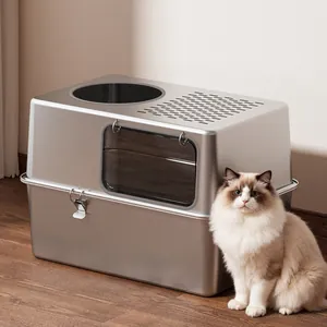 Bac à Litière pour Chat Extra Large en Acier Inoxydable Entièrement Fermé Anti-Éclaboussures Toilette Détachable Avec Fenêtre Transparente