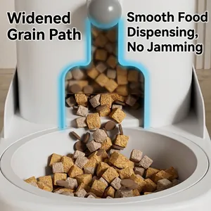 Alimentatore automatico per animali con canale largo per un flusso di cibo regolare.