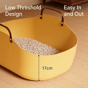 Extra large portable yellow cat litter box with 17cm entry height and soft handles