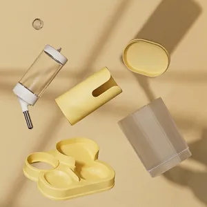 Warm yellow 2-in-1 automatic hamster feeder and water bottle set with clear storage bin