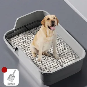 Large Dog Toilet High Fence Splash Proof Indoor Pet Potty Training Tray With Detachable Metal Grid And Cleaning Scoop