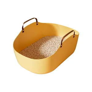 Large portable cat litter box with high walls and stylish brown handles for travel use