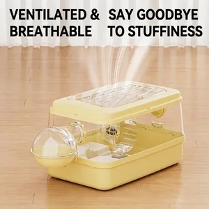 Large transparent hamster cage with ventilation holes and accessories on wood floor