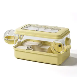 Large transparent hamster cage with yellow base and silent exercise wheel