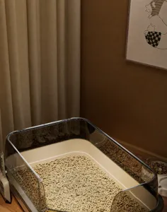 Large semi-enclosed cat litter box featuring a high transparent splash-proof fence