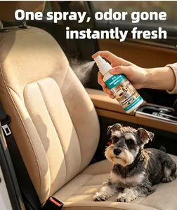 Spray désodorisant pour animaux éliminant efficacement les odeurs de voiture.