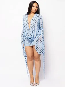 Elegant light blue polka dot mini dress with deep V-neck and draped long sleeves