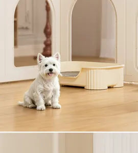 Cream-colored modular indoor pet playpen for small dogs in a modern home interior.