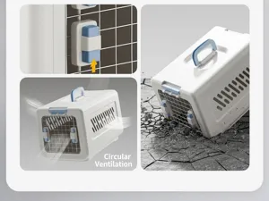 Detail of the ventilation system and sturdy handle on a white pet carrier.
