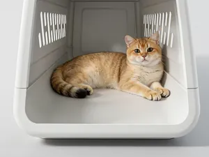 Geräumige weiße Haustiertransportbox für Flugreisen mit roter Katze im Inneren