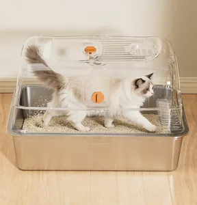 Large stainless steel cat litter box with transparent splash-proof lid