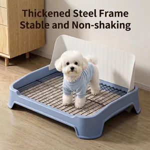 Large blue dog potty tray with iron mesh and white splash guard for indoor use