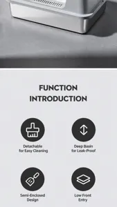Feature detail and icons for a semi-enclosed stainless steel cat litter box unit