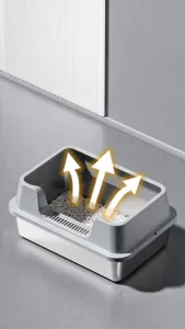 Close-up detail of stainless steel cat litter box showing semi-enclosed airflow design