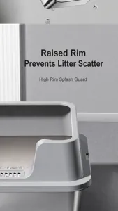 Detailed view of the 22cm high splash-proof fence on this large open-top cat litter box