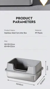 Detailed product parameters and dimensions for this stainless steel open cat litter box.
