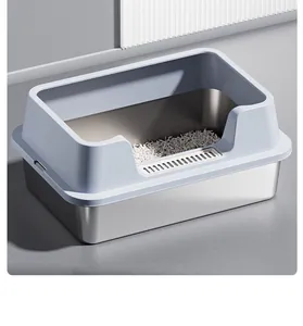 Detailed view of large stainless steel cat litter box with blue high fence and sifting entry