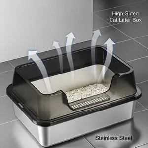 Extra large stainless steel cat litter box with high splash-proof fence